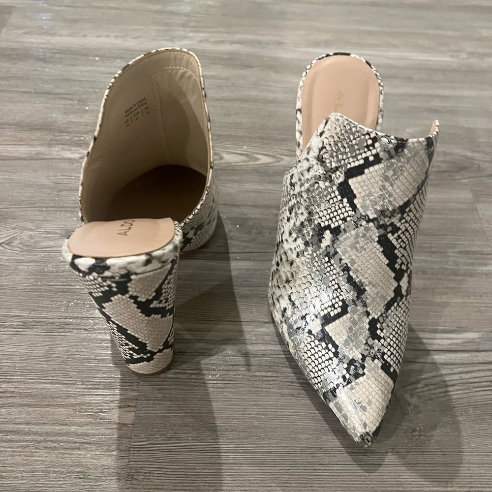 Aldo Five-Inch Snake Print mules